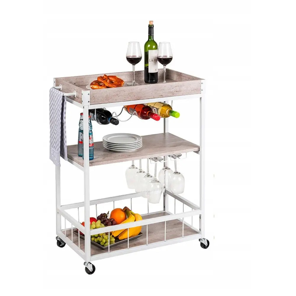 Trillebord med hyller og flaskeholder, sidevisning med frukt, vinflasker, glass og servise på treoverflater.