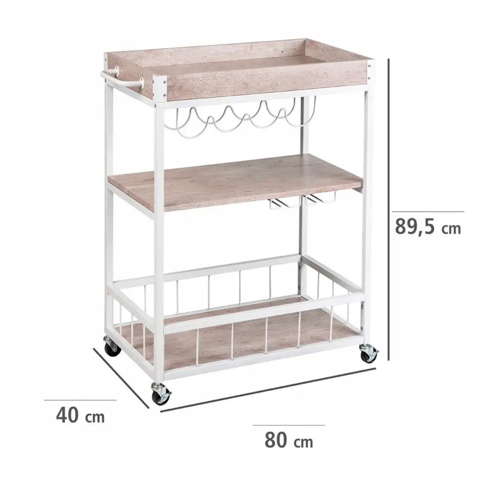 Trillebord med hyller og flaskeholder, skrå forfra, viser metallramme, trehyller og integrerte vinholdere.