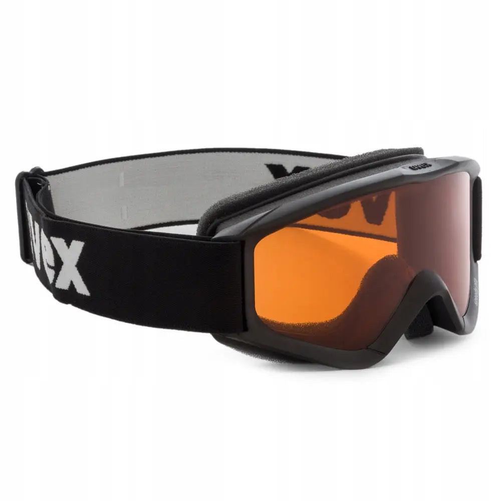Barnas skibriller Uvex Speedy Pro med svart ramme, oransje glass og justerbar stropp med hvit logo.