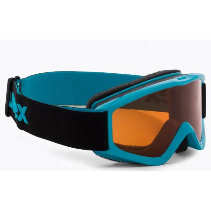 Barnas Uvex Speedy skibriller med blå og svart ramme, oransje linse og elastisk stropp med logo.