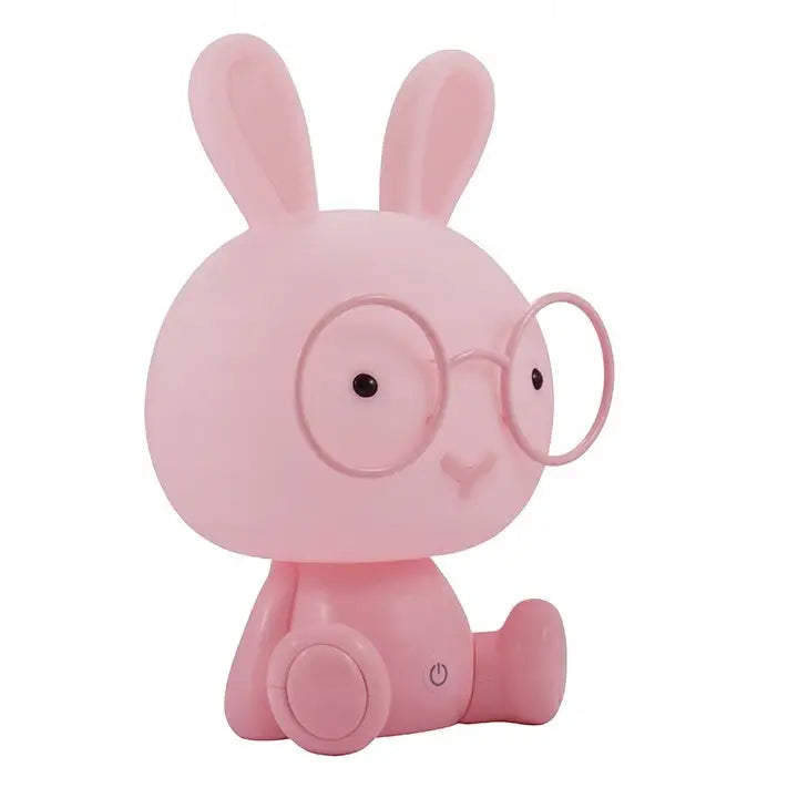 Barne LED nattlampe i rosa plast, kaninform med store ører, runde briller og knapp på foten.