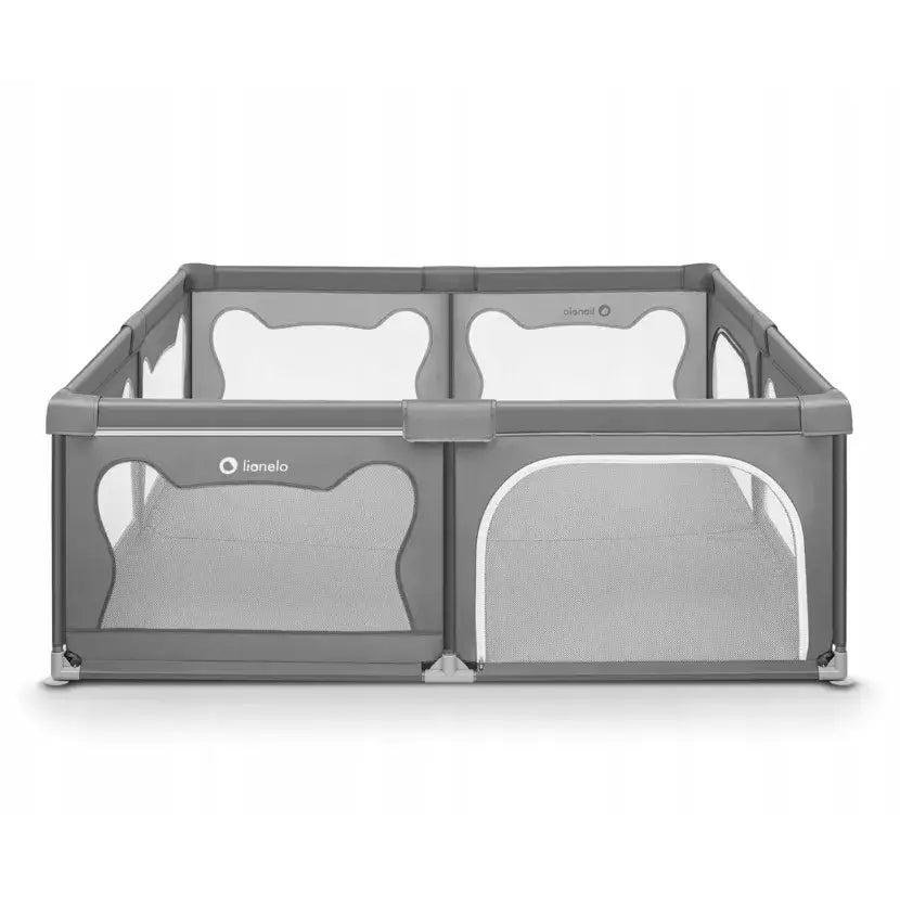 Barnelekegrind Lionelo Willow XL, frontvisning med nettingpaneler, bjørneører og lav inngang.