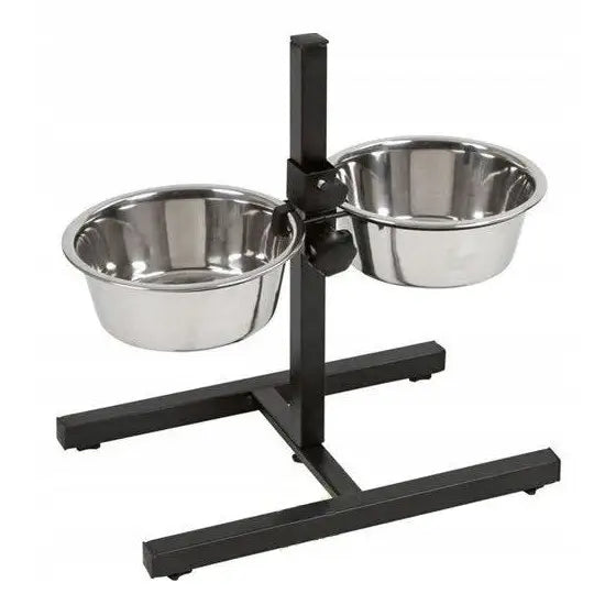 Barry King justerbart stativ med to 2,8L rustfrie skåler, skrå visning som fremhever sort metallramme.