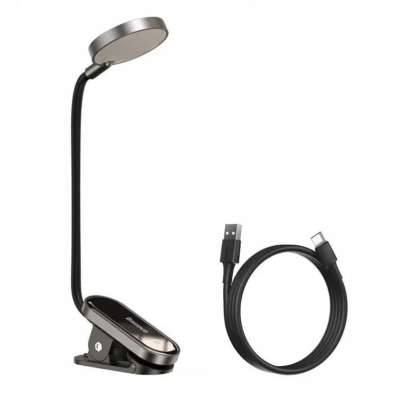 Baseus Comfort Reading skrivebordslampe med klemme, sidevisning med fleksibel hals og USB-ladekabel.