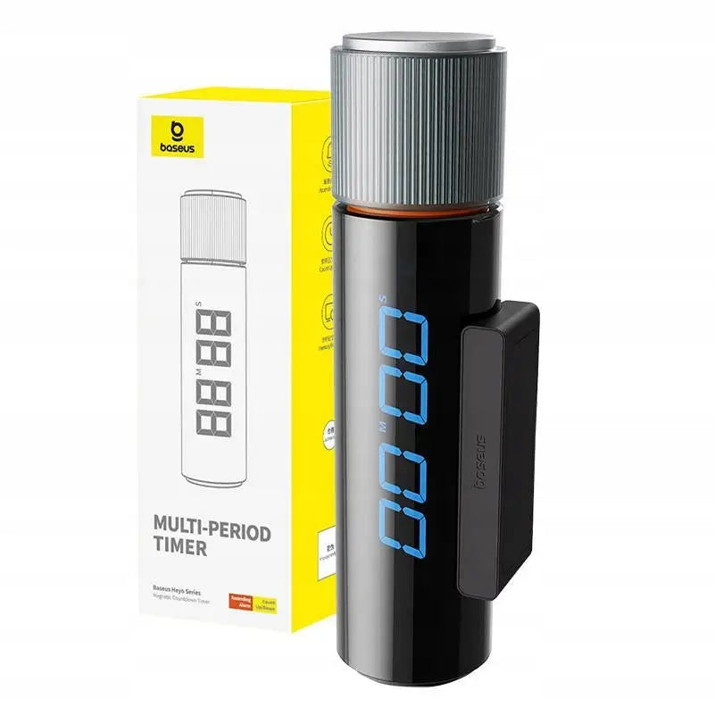 Baseus Heyo digital tidtaker med sort, blank overflate, blå skjerm og sølv rillet topp, eske i bakgrunnen.