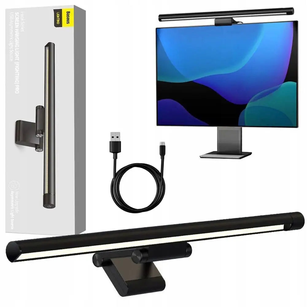 Baseus LED-lampe for dataskjerm, sort avlang modell montert på skjerm med USB-kabel og original emballasje.