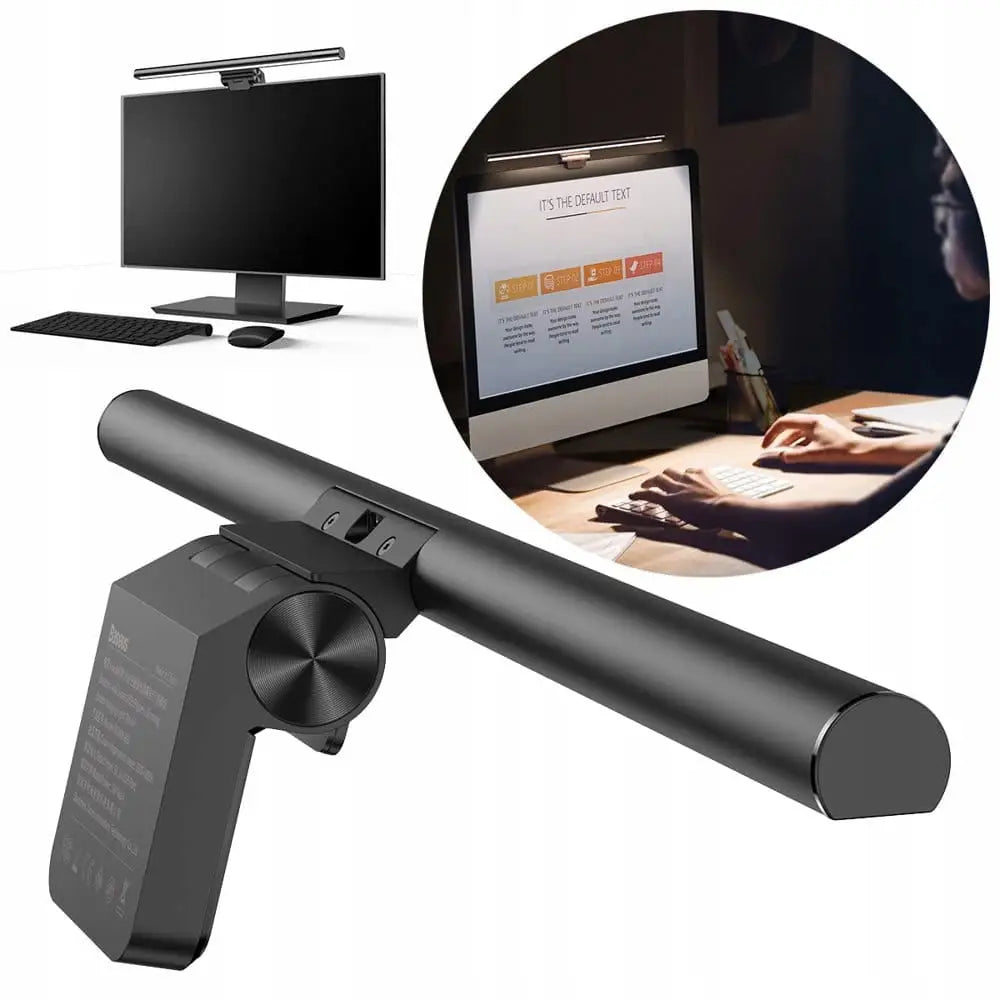 Baseus LED-lampe for skjerm, sort sylinderdesign i metall, montert over dataskjerm med tastatur under.
