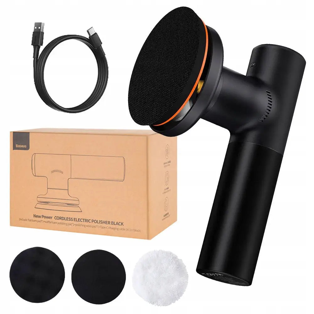 Baseus trådløs poleringsmaskin for bil, med USB-kabel, eske og fire poleringsputer sett fra skrå vinkel.