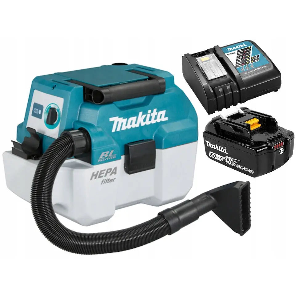 Batteridrevet industriell byggstøvsuger 18V, sidevisning med HEPA-filter, fleksibel slange, batteri og lader.