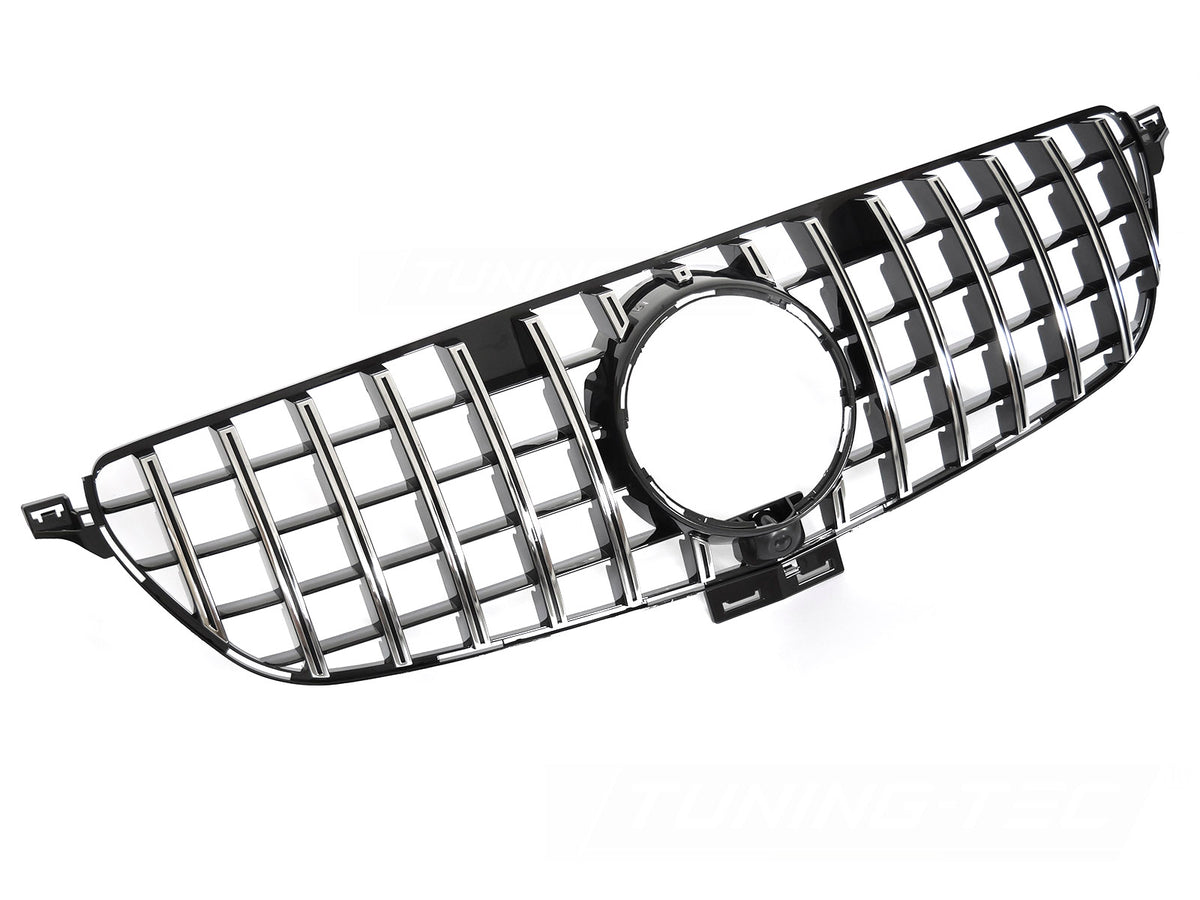Grill GT Style til Mercedes GLE W166 15-19 i sort/krom sett rett forfra på hvit bakgrunn.