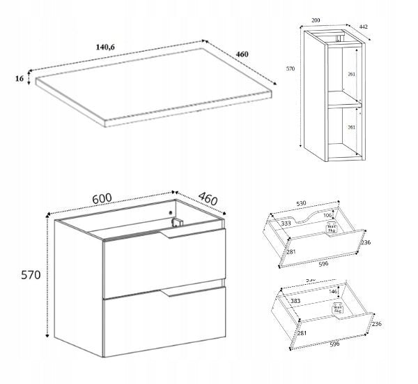 Teknisk tegning av Rodan servantskap 140 cm med mål for benkeplate, skapmodul og mellomhylle.