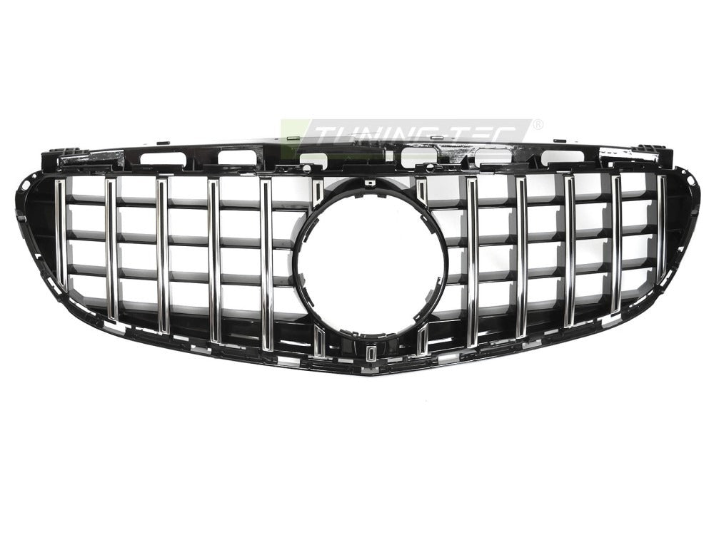 Detaljbilde av Grill Mercedes E-Klasse W212/S212 13-16 krom/sort med lamellstruktur og emblemfeste.