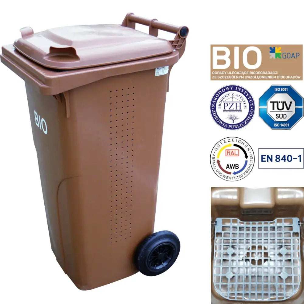 Brun BIO avfallsdunk 240L med perforerte sider, dobbel bunn og rist, to hjul og synlige sertifiseringer.