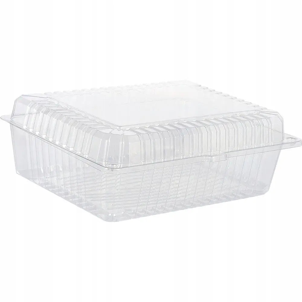 Beholder for kakeemballasje, gjennomsiktig firkantet plastboks med lokk og rillede kanter, sett skrått.