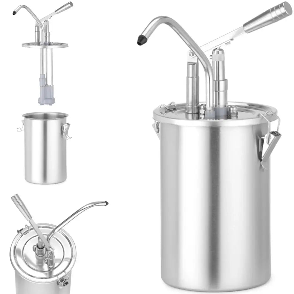 Beholder for sauser i stål, 4,5 liter, med tydelig pumpe, tut og detaljert visning av låsehåndtak.
