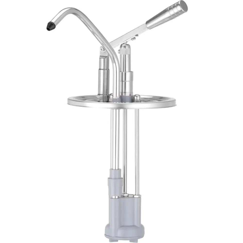 Beholder for sauser med dispenser, sidevisning av sølvfarget pumpehåndtak og grå base med tydelig tut.