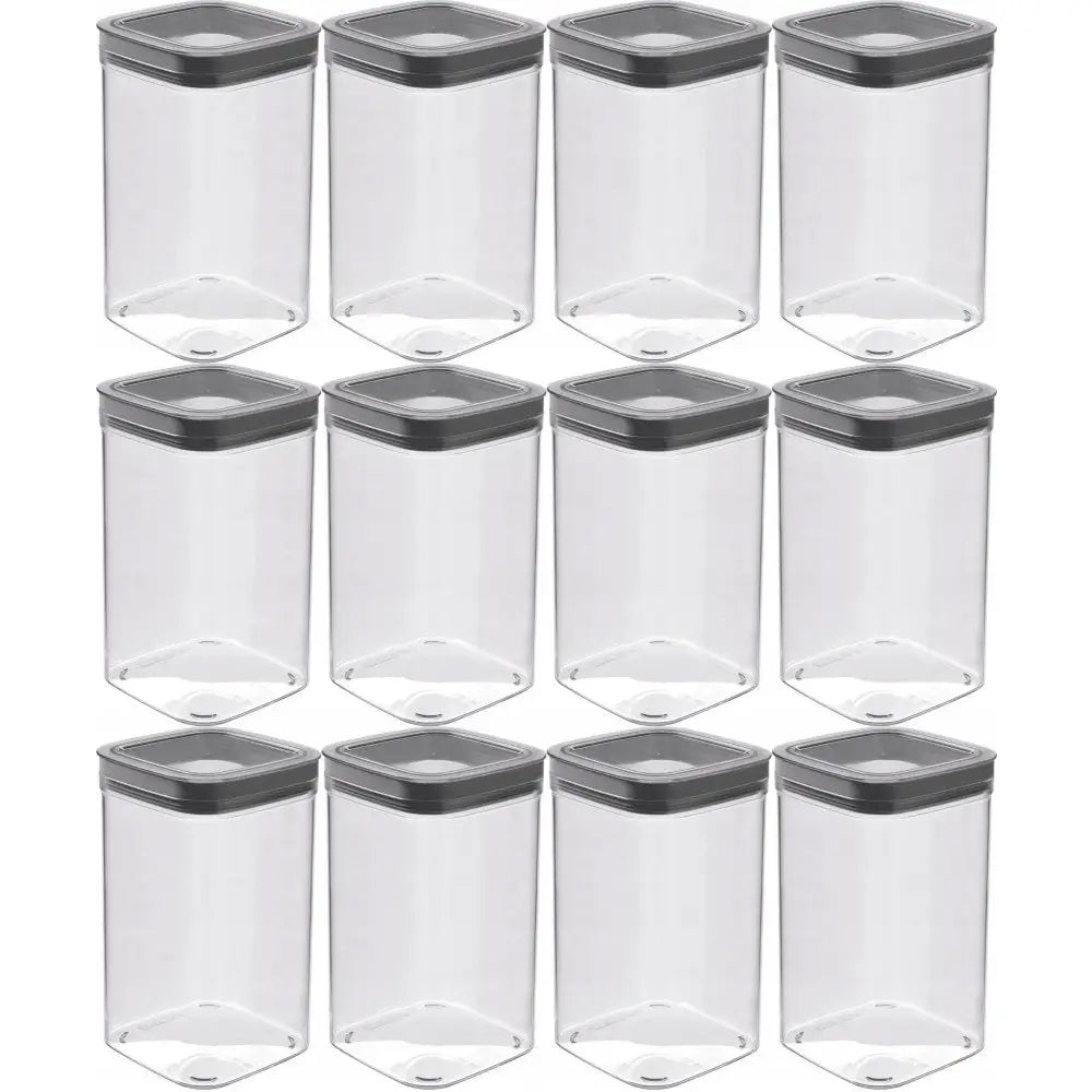 Beholder for tørre varer Curver Dry Cube, tolv firkantede bokser med mørkegrå lokk i rutenett.