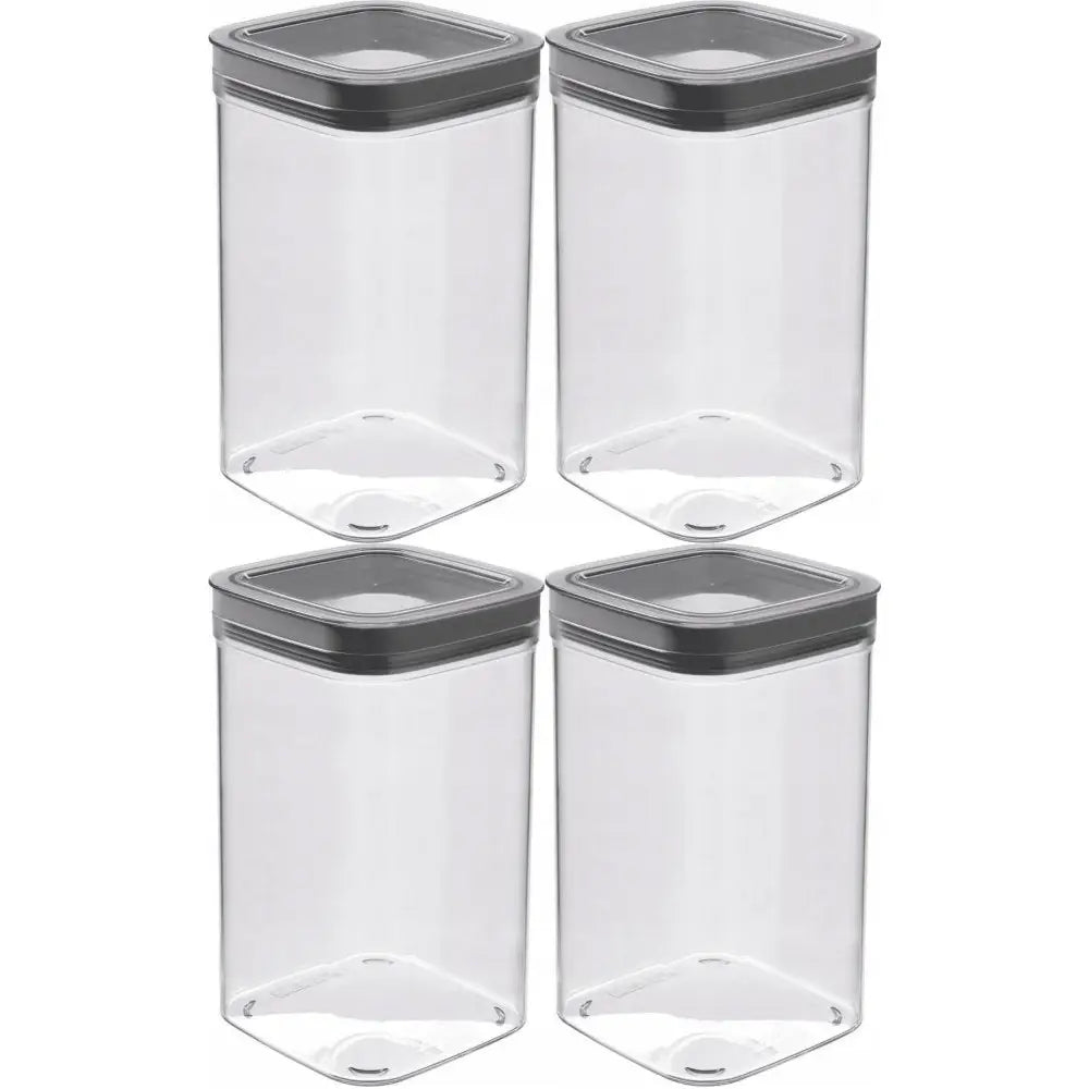 Beholder for tørre varer Curver Dry Cube, fire gjennomsiktige bokser med grå lokk, frontvisning mot hvit bakgrunn.