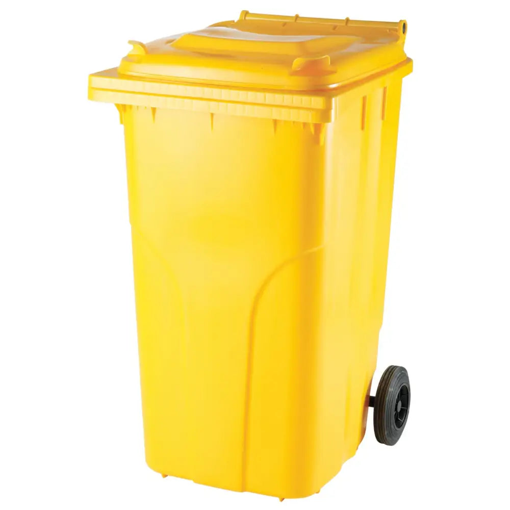Gul 240 liters avfallsbeholder fra Europlast, sett skrått forfra med lokk og sorte hjul bak.
