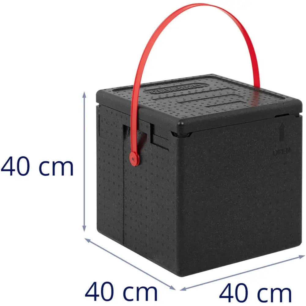 Beholder termobox for pizza, sort EPP-kasse med rødt håndtak, sideperspektiv og mål 40 x 40 x 40 cm.