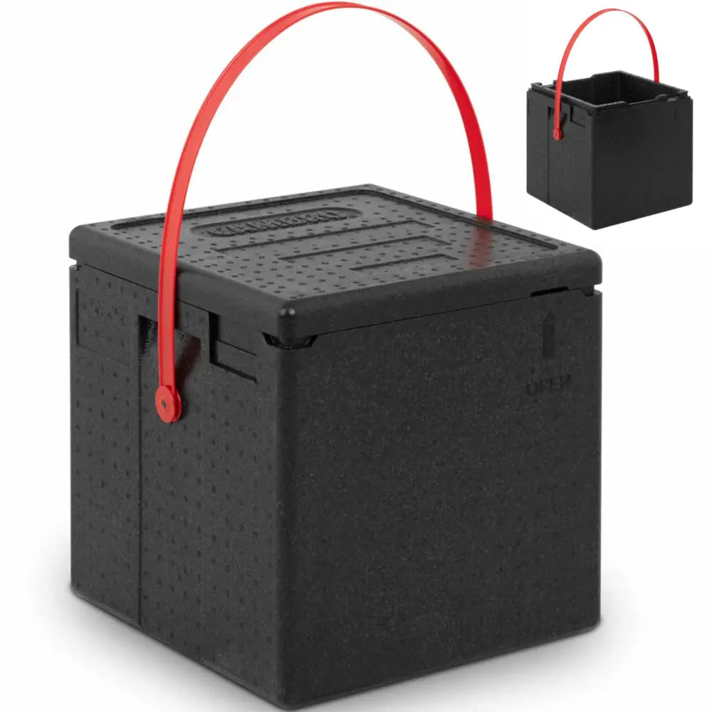 Beholder termobox EPP CAMBRO for pizza, sort skumplast med rød hank, skråvisning og teksturert lokk.
