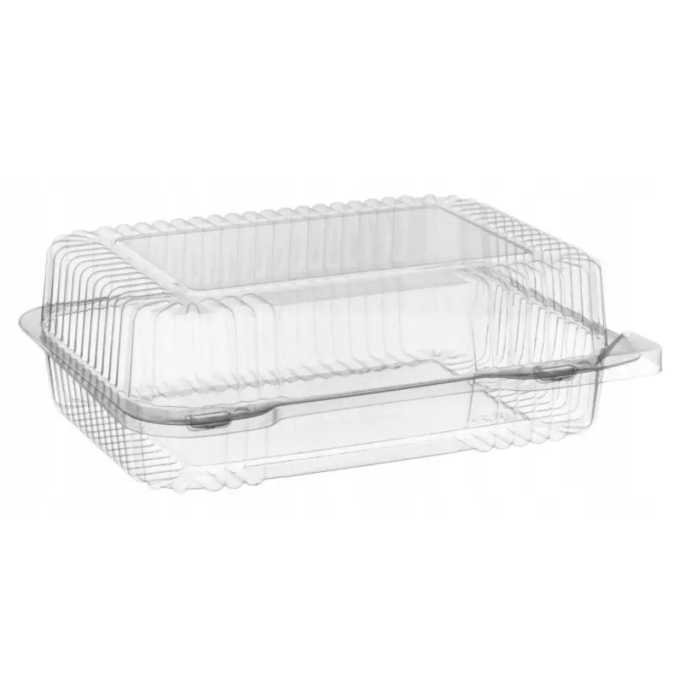 Beholder for kake i seks stykker, gjennomsiktig plast med rillede sider og hengslet lokk sett fra skrå vinkel.