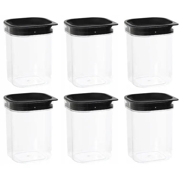 Beholdere for løsvarer mat, seks gjennomsiktige plastbokser med sorte lokk i kvadratisk design, frontvisning.