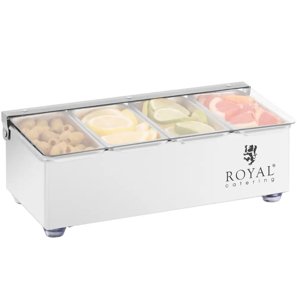 Beholderorganisator for drinktilbehør, fire rom med frukt og oliven, skrå vinkel, glasslokk og logo.