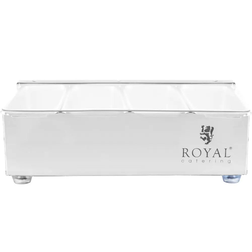 Beholderorganisator for drinktilbehør, sølvfarget med fire rom og synlig ROYAL catering-logo på fronten.