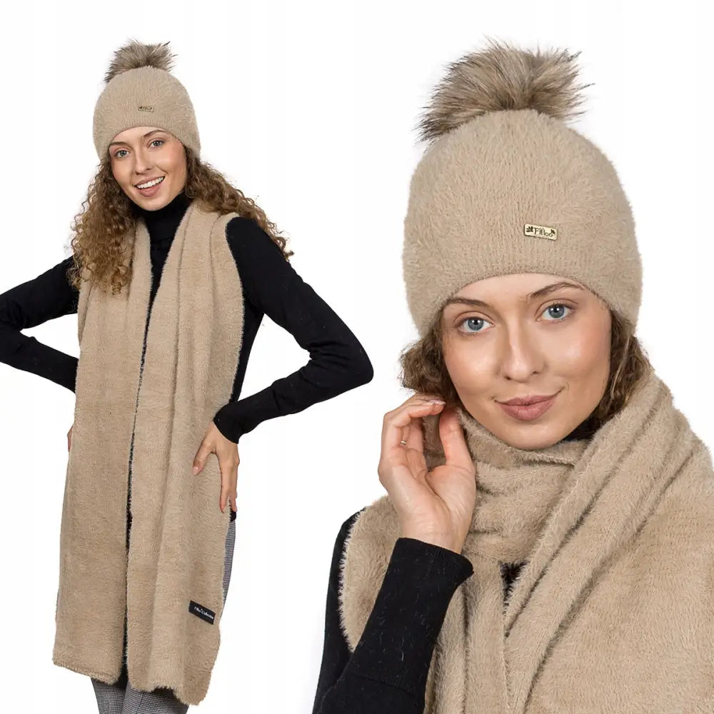 Beige Dame Alpakka Sett med Lue med Dusk og Langt Varmt Skjerf