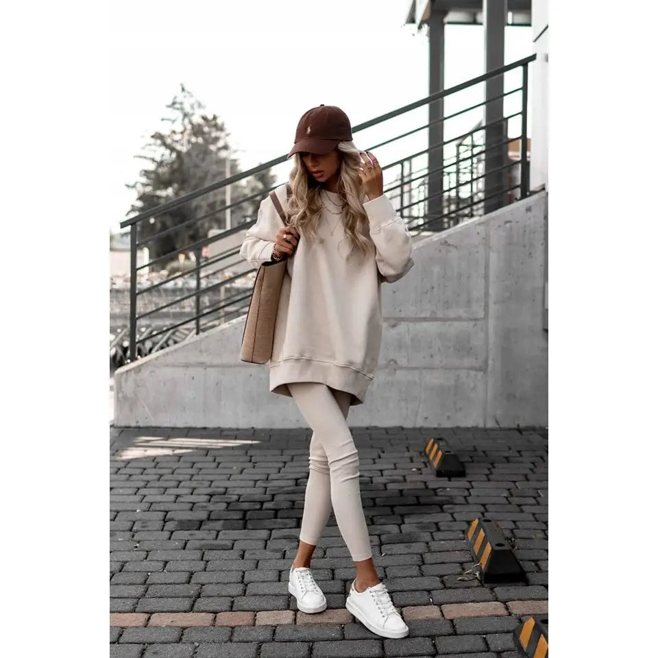 Beige Joggedress Sett med Lang Hettegenser + Leggings