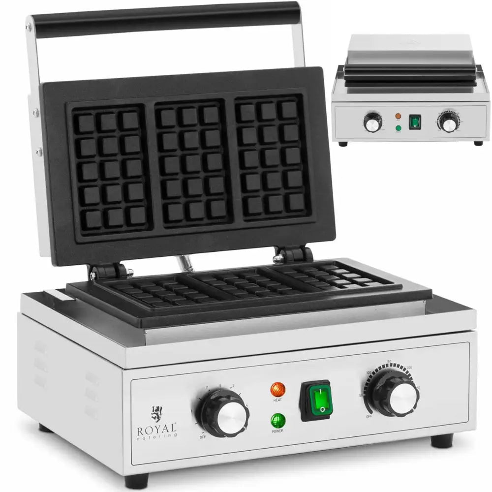 Belgiske-Go’vaffeljern med rektangulære plater, åpent lokk og synlig kontrollpanel med lysindikatorer.
