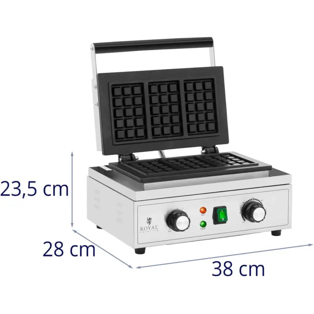 Belgiske-Go’vaffeljern med rektangulære plater, åpent lokk, mål synlig fra skrå vinkel.