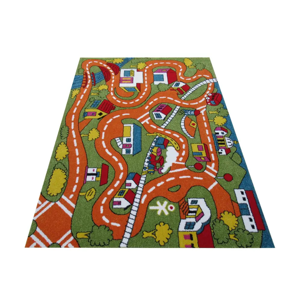 Bella 08 grønn lekematte, skrå oversikt som fremhever veier, hus og jernbane på grønn bakgrunn.