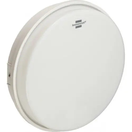 Belysningsarmatur LED, rund hvit enhet på vegg, skrå vinkel viser glatt overflate og diskret logo øverst.