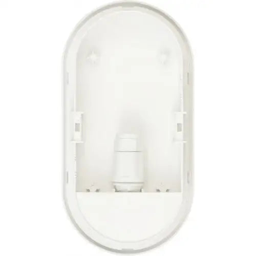 Belysningsarmatur med bevegelsessensor, rett forfra, viser hvit plastbase og sylinderfeste i midten.