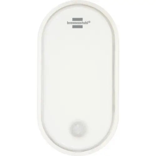 Belysningsarmatur med bevegelsessensor, oval hvit front med synlig sensorfelt og diskret logo.