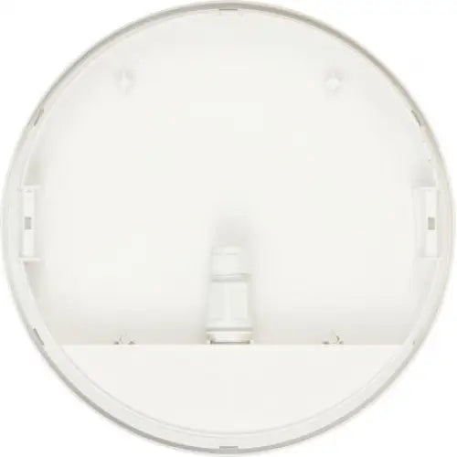 Oval LED belysningsarmatur med bevegelsessensor, frontbilde som viser glatt hvit overflate og festeanordninger.