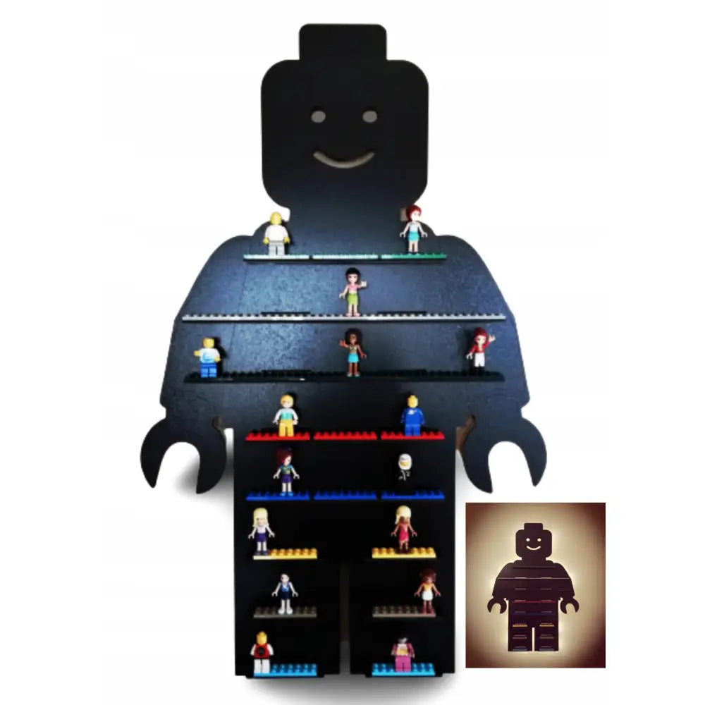 Belyst hylle formet som legominifigur, sort design med Lego-figurer utstilt og bakgrunnsbelysning synlig.
