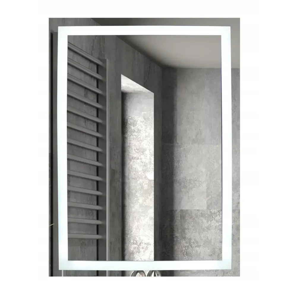 Belyst LED baderomsspeil Nocturn 50x70 cm, frontvisning med integrert lysramme og grå flisvegg i bakgrunnen.