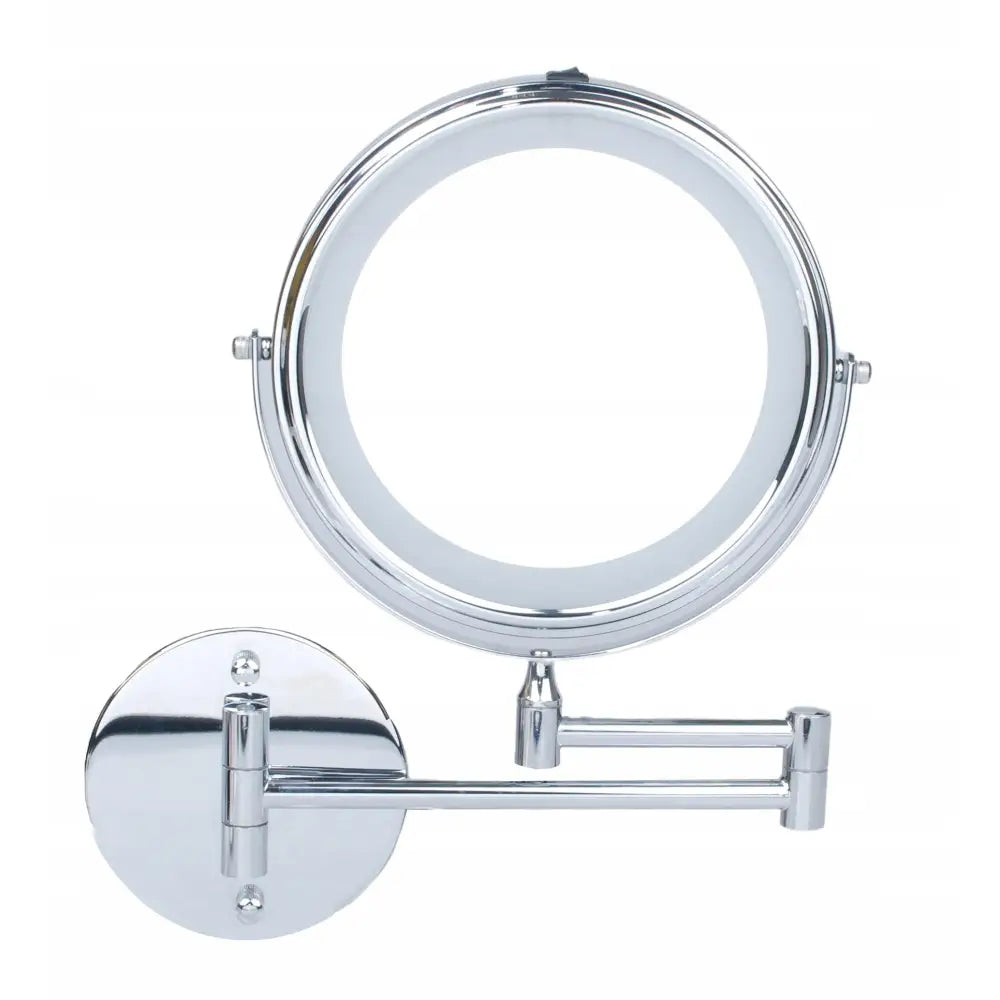 Belyst LED kosmetisk sminke speil med rund kromramme, justerbar arm og markert lysring sett forfra.