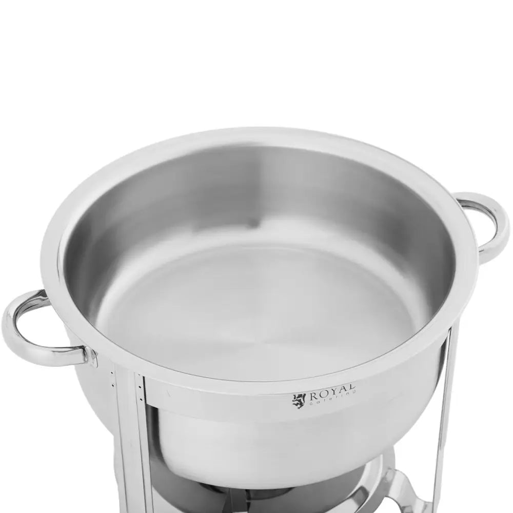 Bemar Buffet Matvarevarmer, rund og dyp i rustfritt stål sett ovenfra, med håndtak og synlig logo på kanten.