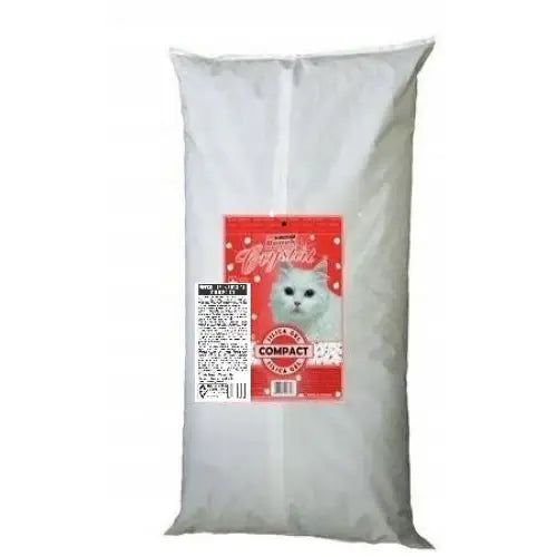 Benek Crystal Stjernestøv 13Kg silikakattesand i hvit plastsekk med rød etikett og bilde av hvit katt.