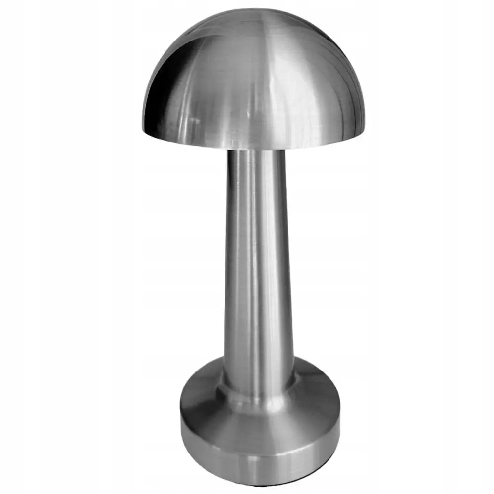 Berørings LED bordlampe i krom med soppform, rund kuppel og sylindrisk fot i moderne design.