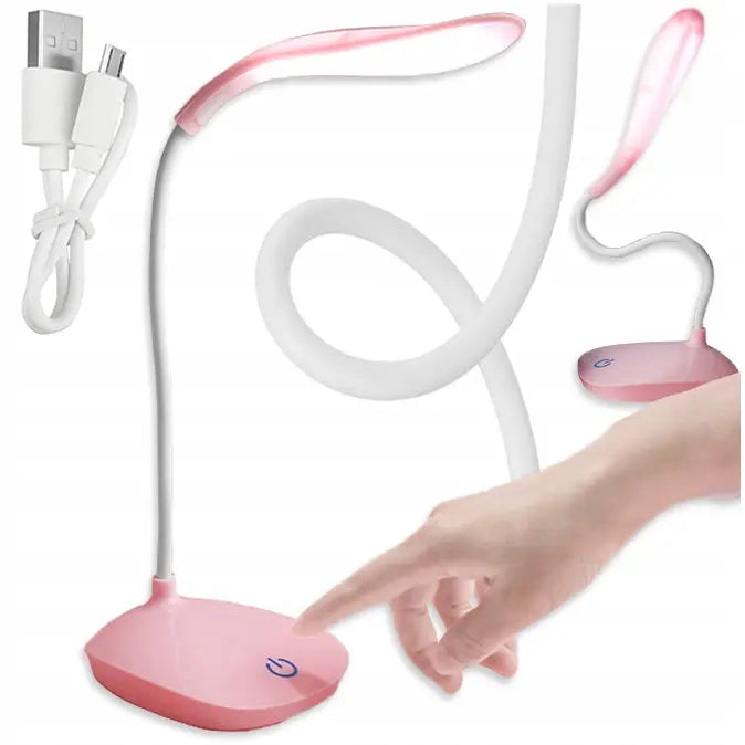 Berørings LED skrivebordslampe i hvitt og rosa, sidevisning med hånd som berører bryteren på basen.