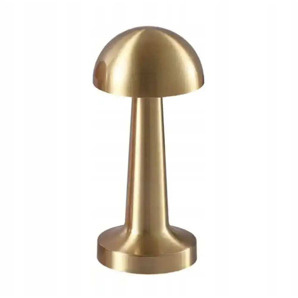 Berøringslampe LED i gull med soppformet skjerm, frontvisning mot hvit bakgrunn, børstet messingfinish.