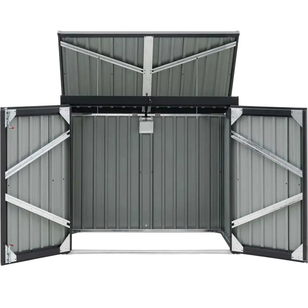 Beskyttelsesdeksel for to 240 l metallavfallsbeholdere med åpne dører, synlig romslig interiør og metallbeslag.