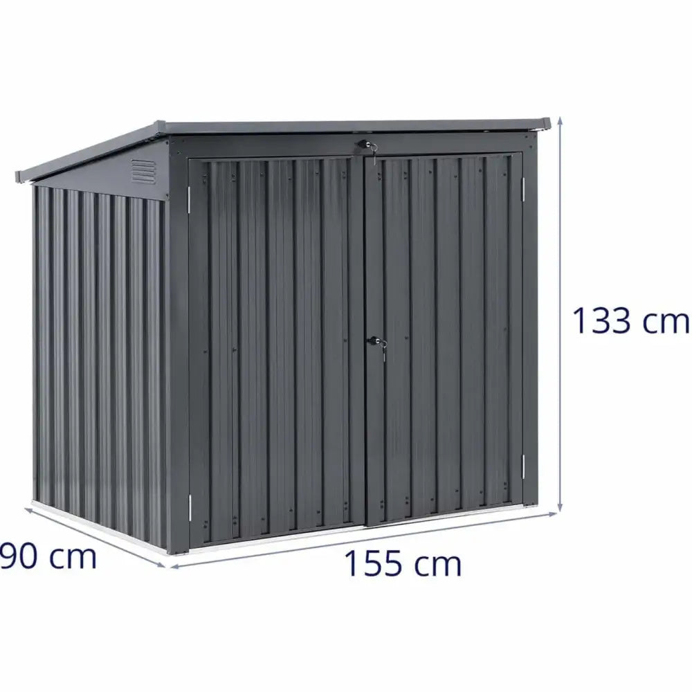 Beskyttelsesdeksel for to 240 l avfallsbeholdere, mørk grått metall med ribbet overflate og doble dører.