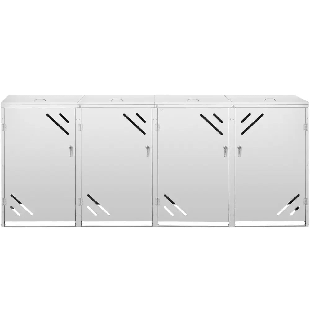 Beskyttelsesdeksel for fire 240 l avfallsbeholdere, frontvisning med låsbare dører og skrå sorte ventilasjonshull.