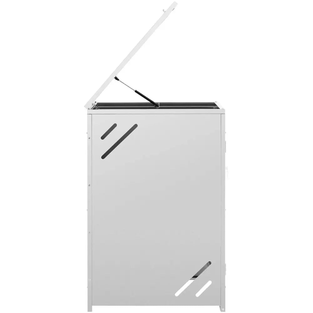 Beskyttelsesdeksel for avfallsbeholder i stål, sidevisning med åpnet lokk og skrå sorte ventilasjonsåpninger.